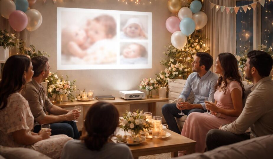 découvrez un diaporama émouvant pour la baby shower de votre bébé, projeté avec un vidéoprojecteur acer pour une ambiance mémorable et conviviale.