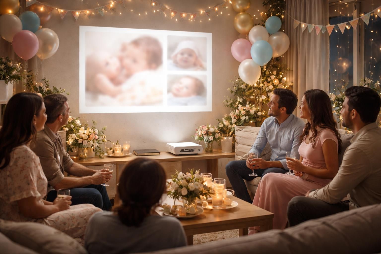 découvrez un diaporama émouvant pour la baby shower de votre bébé, projeté avec un vidéoprojecteur acer pour une ambiance mémorable et conviviale.