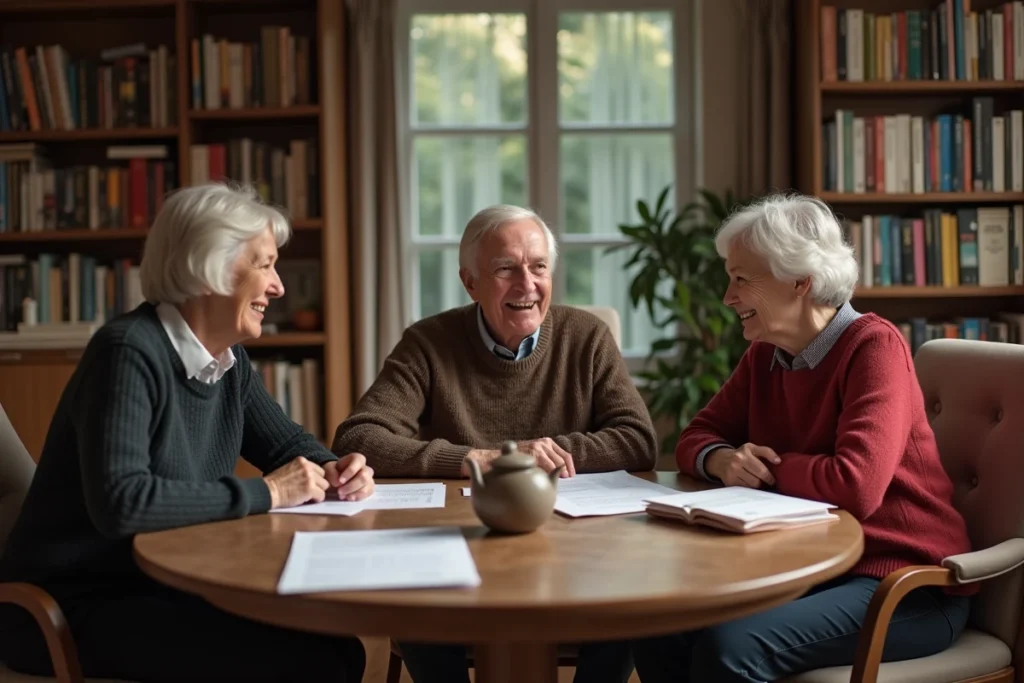 Trois amis seniors en conversation animée autour d'une table en bois dans un bureau bibliothèque cosy