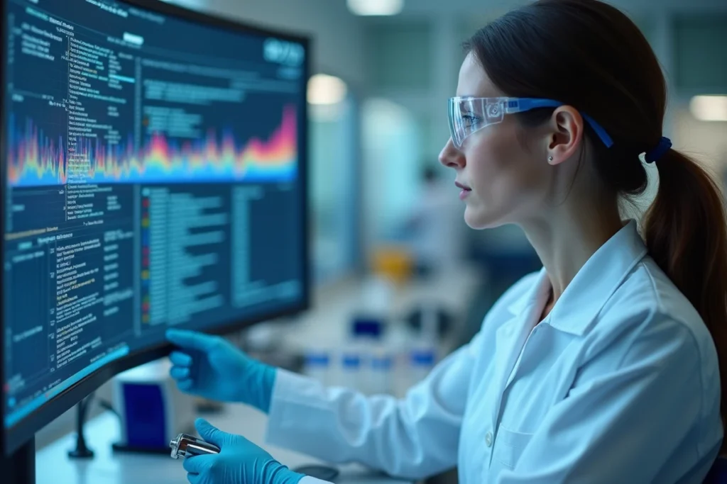 Chercheuse en génétique analysant des données de séquençage ADN dans un laboratoire universitaire, dans le contexte des études sur la consanguinité en France
