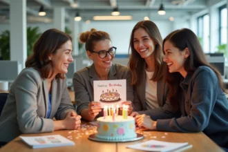 Collègues de bureau réunis autour d'un gâteau d'anniversaire avec une carte animée imprimée sur le bureau