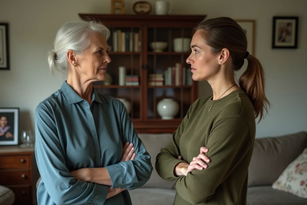 Mère et fille adulte dans un salon, debout à distance l'une de l'autre avec des expressions tendues, illustrant le conflit et le ressentiment dans une relation mère-fille