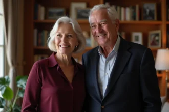 Couple élégant de seniors souriants dans un appartement parisien chaleureux aux étagères garnies de livres d'art