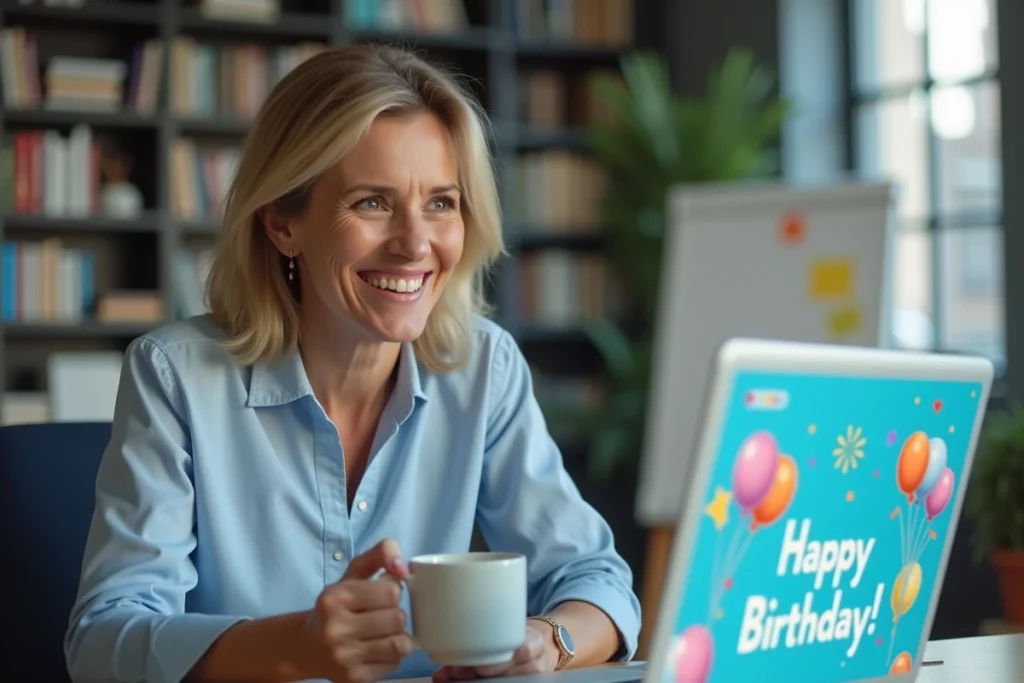 Femme au bureau regardant une carte d'anniversaire animée gratuite sur son ordinateur portable