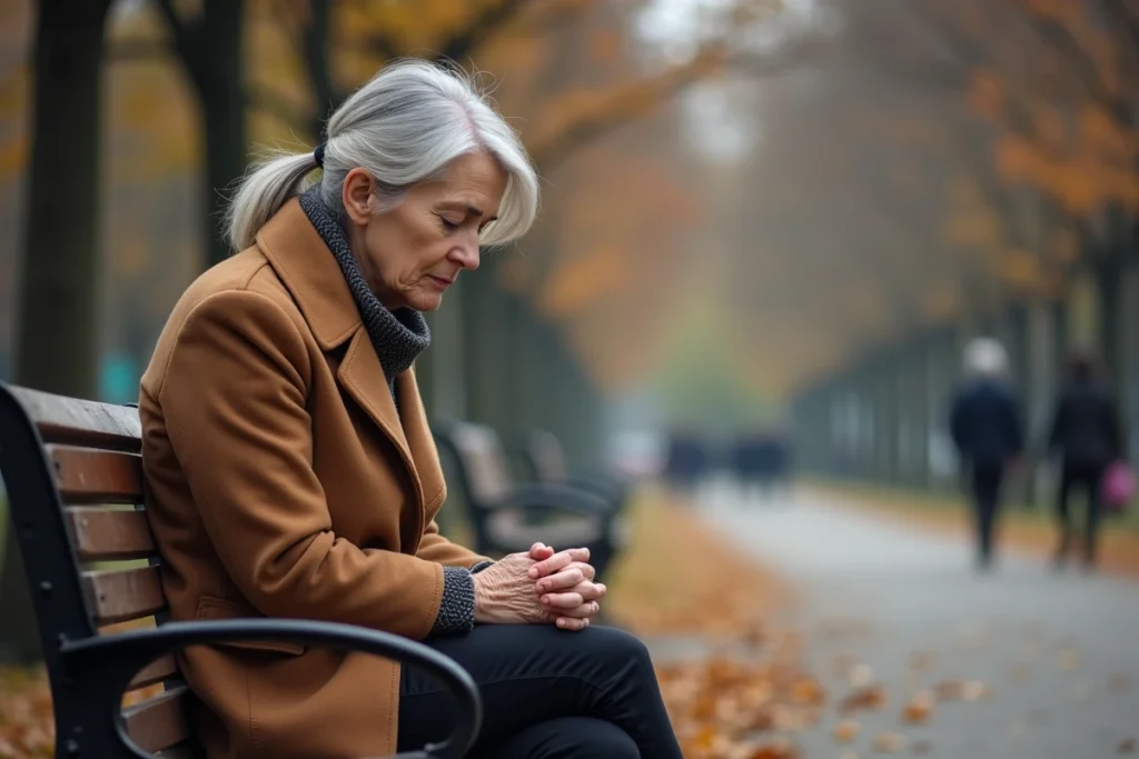Femme d'âge mûr assise seule sur un banc de parc en automne, le regard pensif et mélancolique, symbolisant la solitude et le ressentiment d'une mère face à sa relation avec sa fille adulte