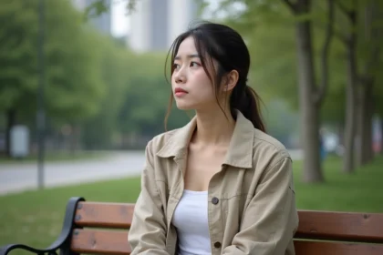 Jeune femme assise seule dans un parc urbain, regard pensif évoquant reconstruction émotionnelle après une séparation
