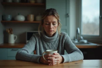 Femme seule à une table de cuisine, mains croisées autour d'une tasse, expression mélancolique face à un refus de visite médiatisée