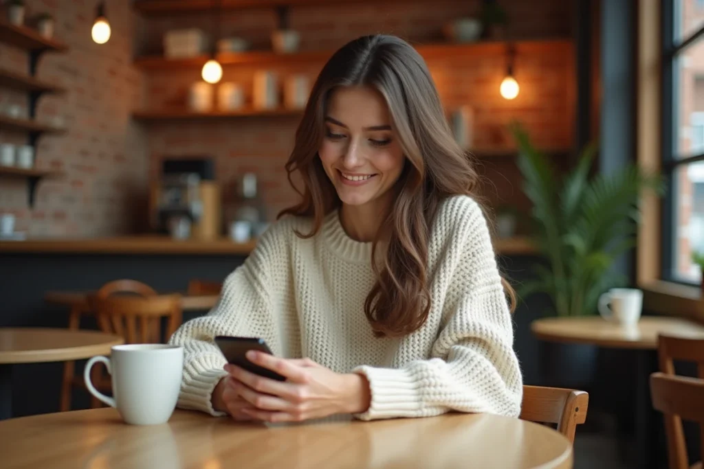 Femme souriante dans un café minimaliste, moment de légèreté et de renouveau après une rupture sentimentale