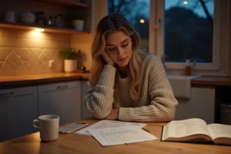 Mère organisatrice consultant un planning de garde partagée le soir dans une cuisine moderne