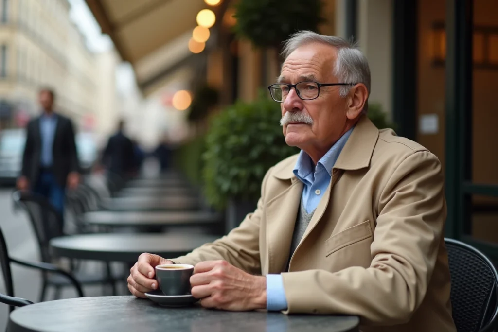 Homme distingué en trench-coat beige attablé à une terrasse de café parisien avec un espresso