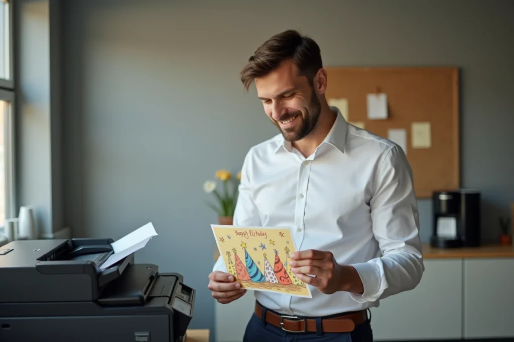 Homme tenant une carte d'anniversaire animée imprimée dans une salle de pause de bureau