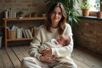 Jeune maman tenant tendrement son nouveau-né dans un appartement parisien chaleureux, ambiance intime de vie quotidienne