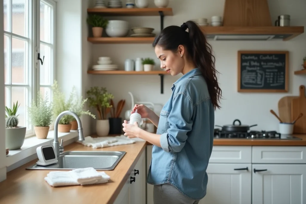 Maman préparant un biberon dans sa cuisine le matin, scène authentique de la vie quotidienne avec un bébé