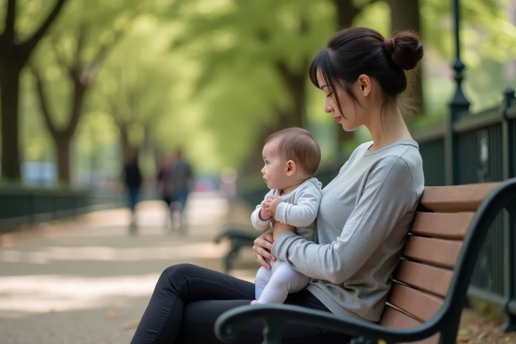 Mère et bébé assis sur un banc dans un parc parisien, moment de complicité authentique en extérieur