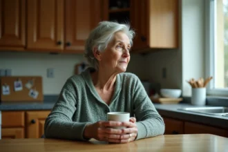Mère d'une cinquantaine d'années assise seule à la table de cuisine, l'air pensif et mélancolique, tenant une tasse entre ses mains, illustrant le ressentiment maternel envers une fille adulte