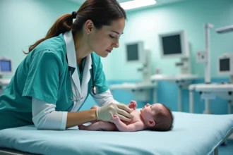Néonatologue examinant un nouveau-né dans une unité néonatale moderne, illustrant les enjeux médicaux liés à la consanguinité en France