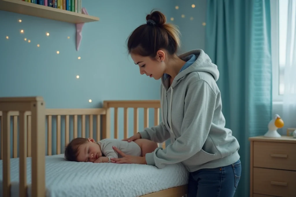 Nounou de nuit déposant un enfant endormi dans son lit lors d'une garde partagée