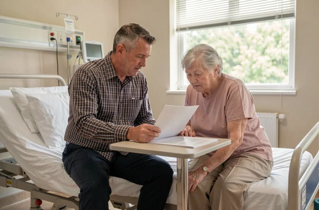 Travailleur social accompagnant une patiente âgée dans sa chambre d'hôpital