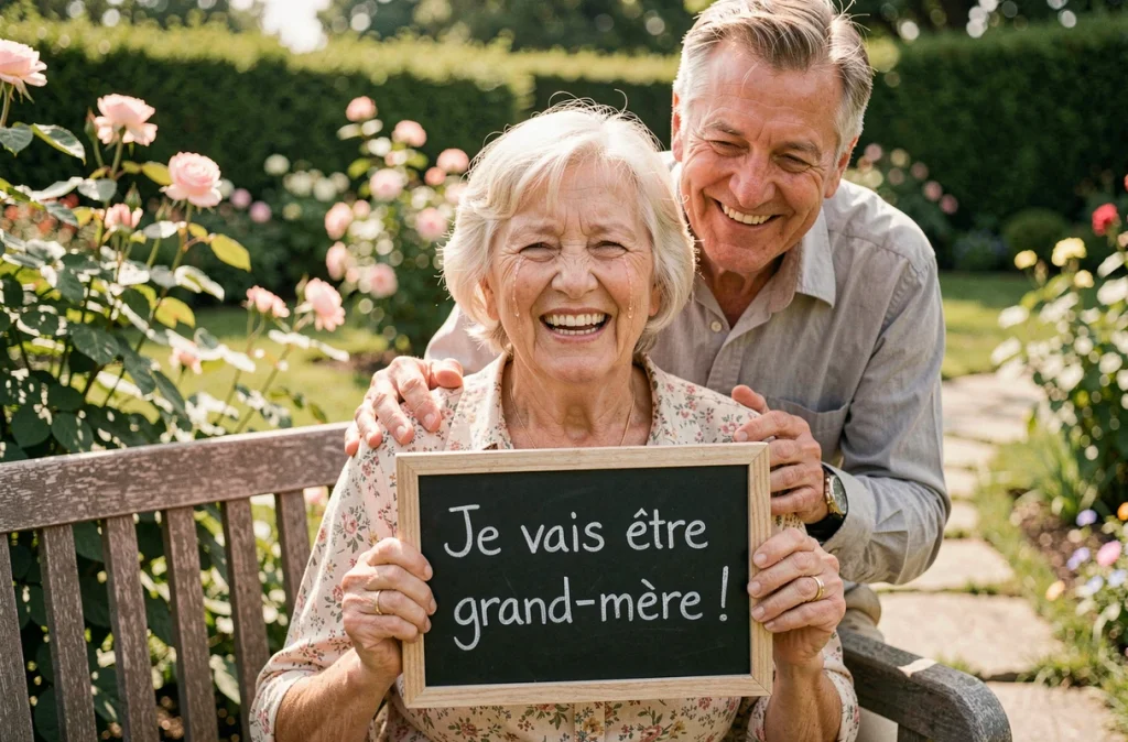 Une grand-mère émue tient un panneau ardoise annonçant sa future grossesse dans un jardin fleuri, son mari derrière elle partageant sa joie