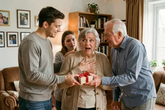 Un jeune couple annonce une grossesse à ses parents avec une boîte cadeau dans un salon familial chaleureux, les grands-parents réagissant avec émotion et surprise