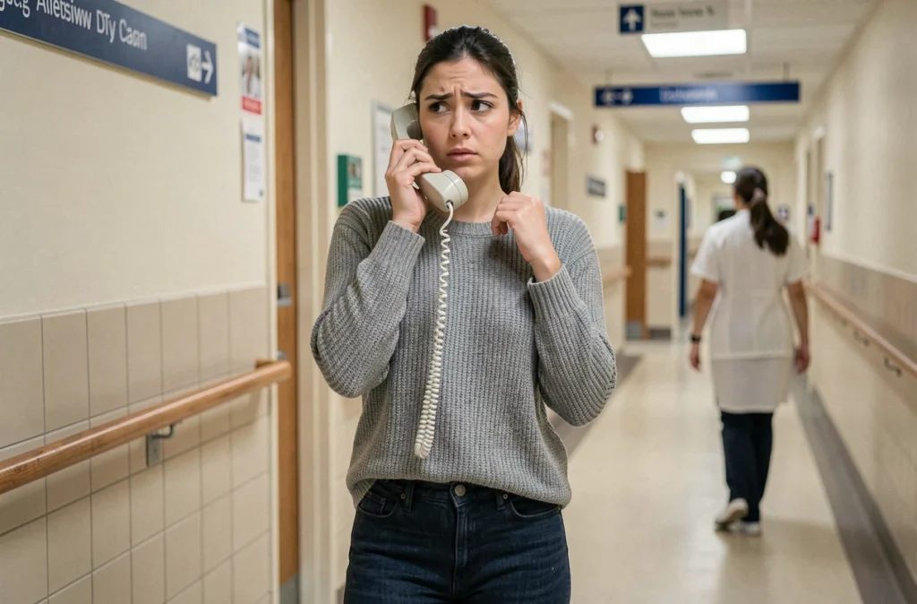 Femme appelant le service social d'un hôpital depuis un couloir