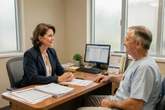 Assistante sociale en hôpital discutant avec un patient hospitalisé dans son bureau