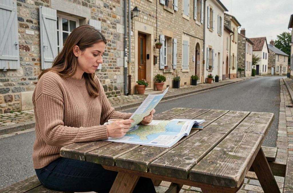 Femme consultant une carte touristique dans un café de Provins, idée d'activité pas chère en 77