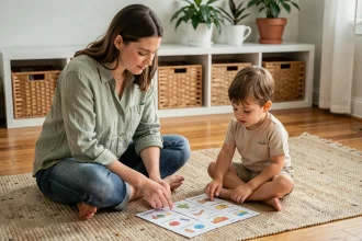 Femme adulte présentant des cartes parlantes Montessori à un jeune enfant sur un tapis en laine dans un espace éducatif à domicile