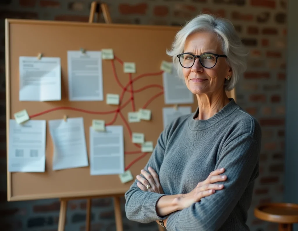 Chercheuse française analysant un tableau d'enquête avec des liens entre documents sur une origine familiale
