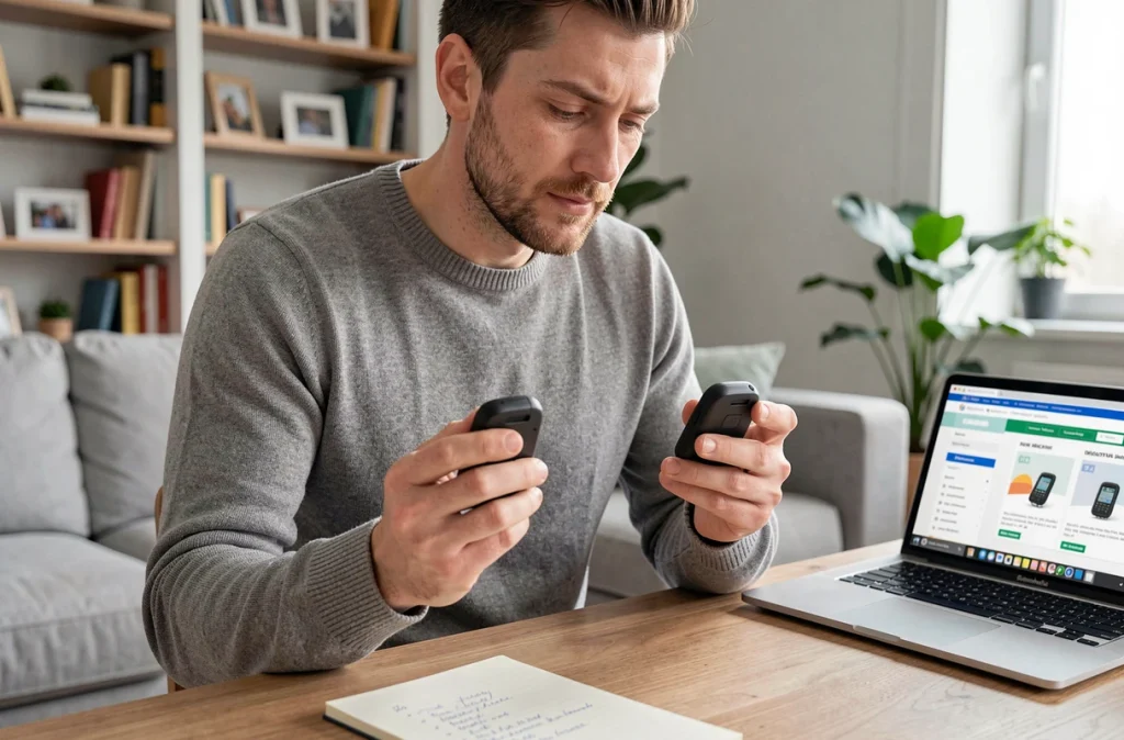 Père comparant deux traceurs GPS pour enfant sur un bureau dans un salon moderne