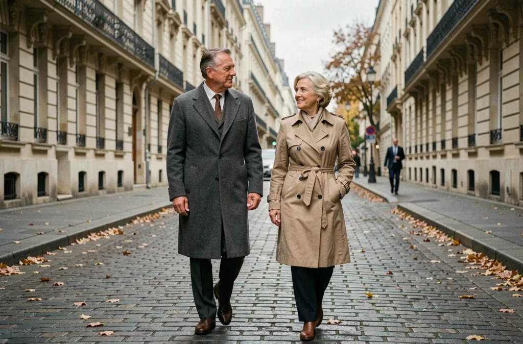 Couple discret marchant dans une rue pavée parisienne à l'automne, illustrant le mystère qui entoure la vie privée de Bernard Mabille et son épouse