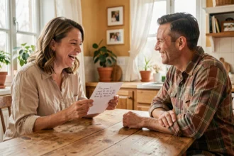 Couple jouant au jeu Les Zamours autour d'une table en bois, échangeant des sourires complices lors de la fête des mères