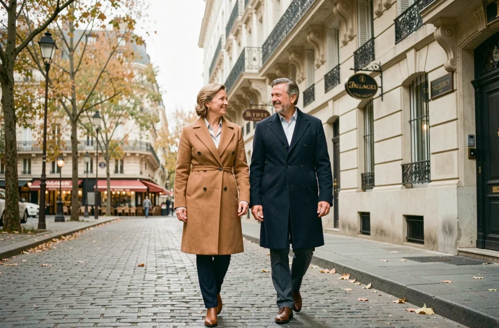 Couple marchant dans les rues de Paris en automne, illustrant la vie privée et publique d'un couple médiatique