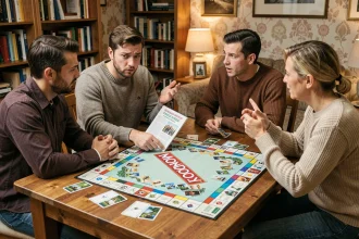 Groupe d'adultes autour d'un plateau de Monopoly en débat sur les règles du jeu
