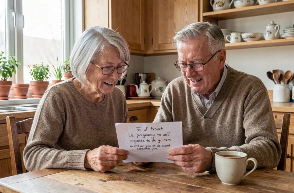 Un couple de grands-parents découvre une devinette annonçant une grossesse en lisant une lettre manuscrite à table dans leur cuisine familiale