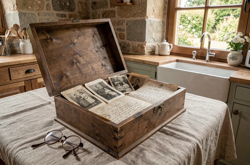 Boîte en bois vintage contenant des photos de famille anciennes et des documents généalogiques manuscrits