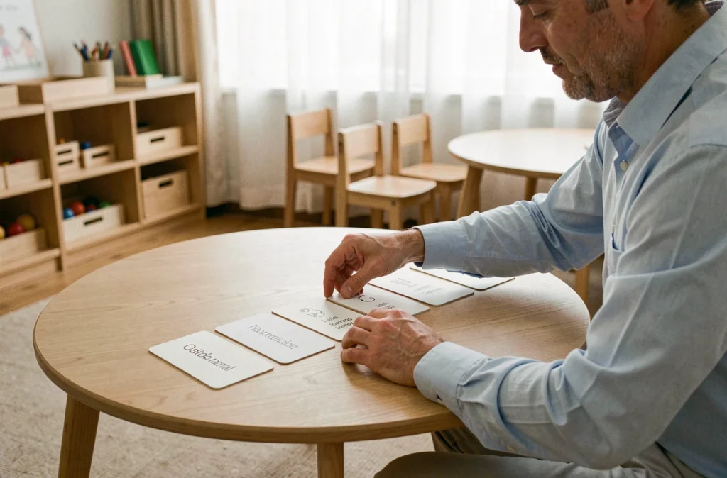 Éducateur Montessori disposant des cartes en trois parties sur une table en bois dans une salle de classe organisée