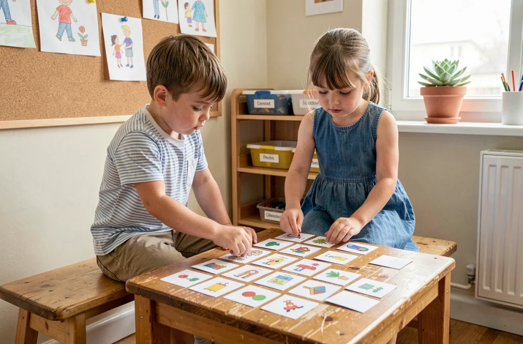 Deux enfants d'âges différents pratiquant l'association de cartes Montessori de manière autonome dans une salle de classe