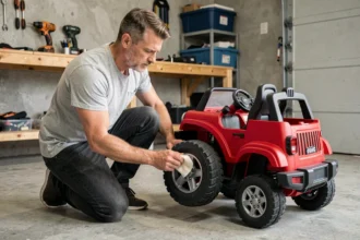 Un homme adulte entretient une Jeep électrique pour enfant dans un garage, inspectant les roues avec un chiffon doux
