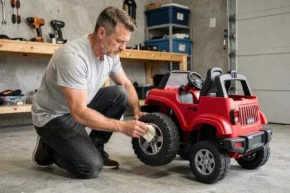 Un homme adulte entretient une Jeep électrique pour enfant dans un garage, inspectant les roues avec un chiffon doux
