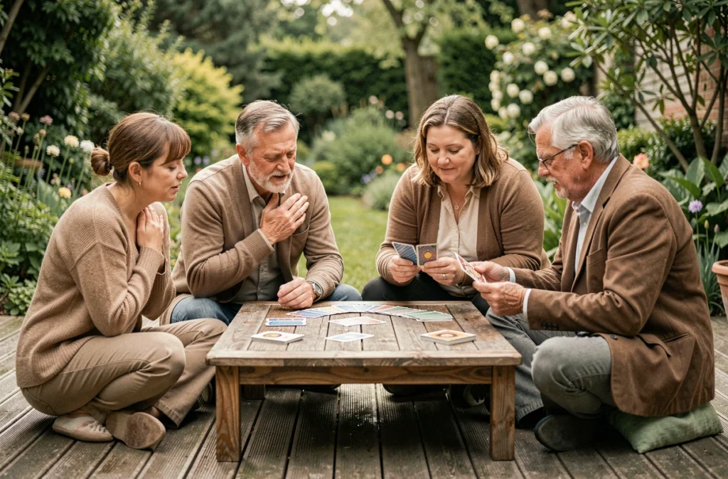 Famille réunie en terrasse pour jouer au jeu Les Zamours lors d'un après-midi de fête des mères en plein air