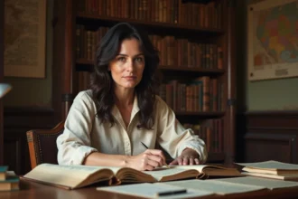 Femme consultant des livres d'étymologie sur l'origine du prénom Lisa dans une bibliothèque vintage européenne