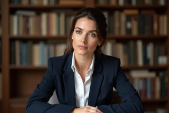 Femme journaliste française pensive entourée de dossiers et photos de famille dans un bureau éditorial