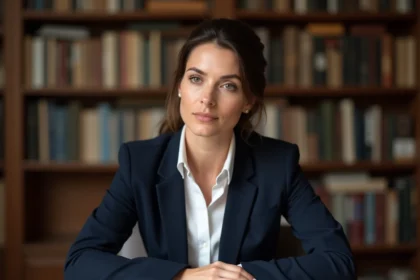 Femme journaliste française pensive entourée de dossiers et photos de famille dans un bureau éditorial