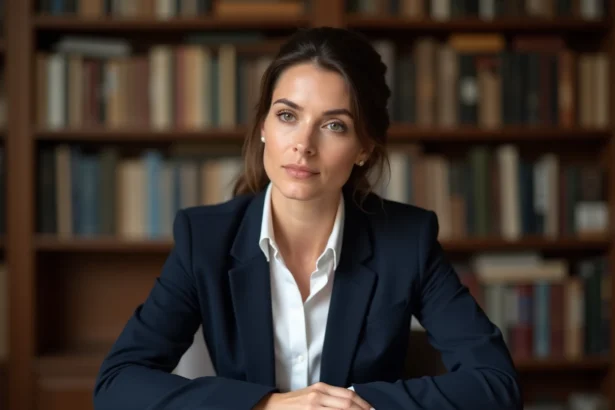 Femme journaliste française pensive entourée de dossiers et photos de famille dans un bureau éditorial