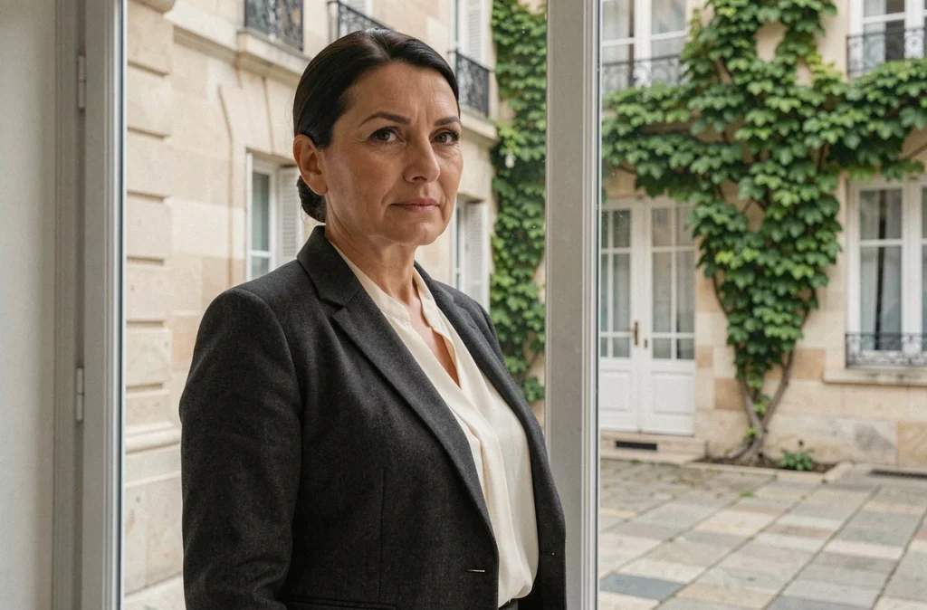 Femme élégante et réservée se tenant près d'une fenêtre donnant sur une cour parisienne, évoquant le mystère entourant l'épouse de Bernard Mabille