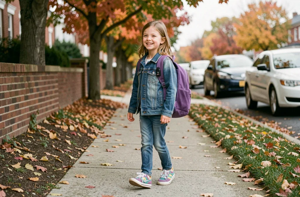 Fillette portant un traceur GPS discret sur la bretelle de son sac à dos lors d'un trajet scolaire en automne