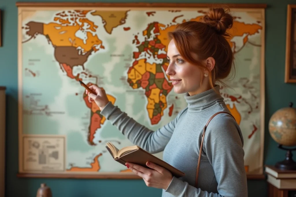 Jeune femme pointant une carte du monde ancienne pour illustrer les origines géographiques et historiques du prénom Lisa dans différents pays