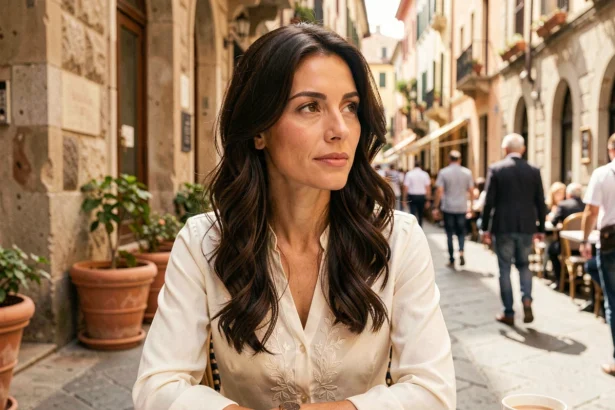 Femme d'origine méditerranéenne aux cheveux bruns ondulés assise en terrasse de café européen, expression confiante et identité assumée