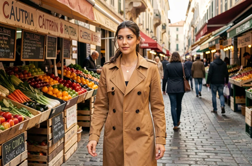 Femme aux cheveux bruns en manteau camel marchant dans un marché en plein air aux influences franco-italiennes, ambiance authentique et identité culturelle